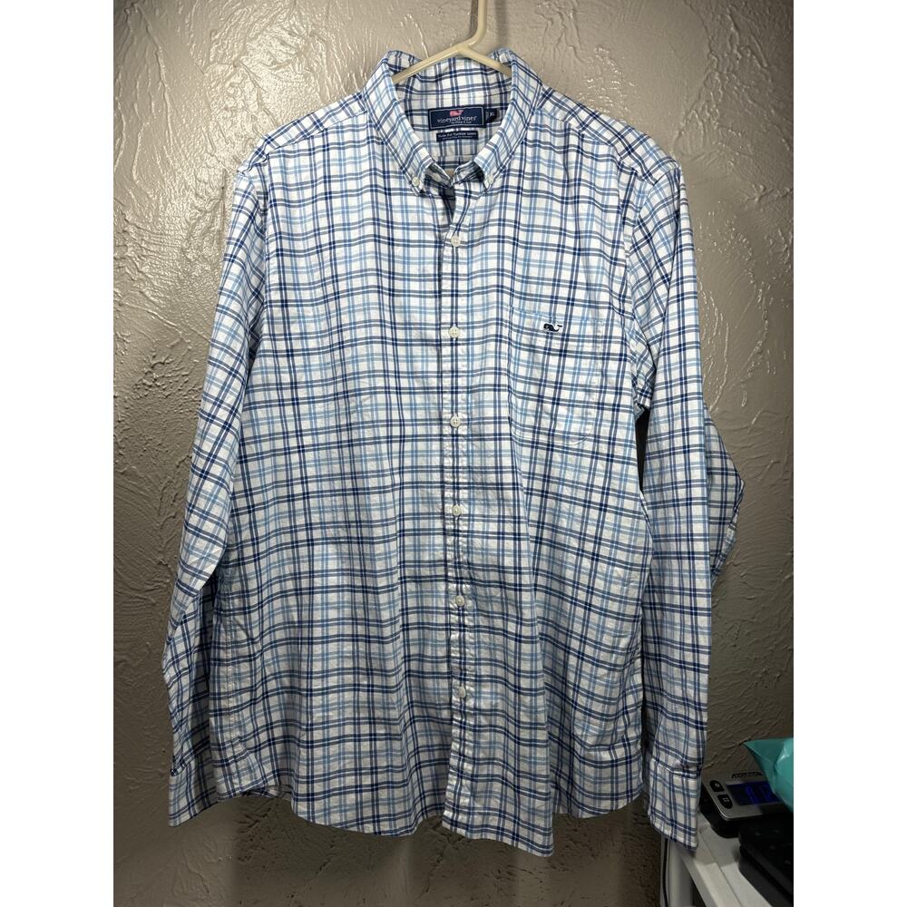 Vineyard Vines White Blue Cotton Flannel Check Slim Fit Tucker Shirt Size XL